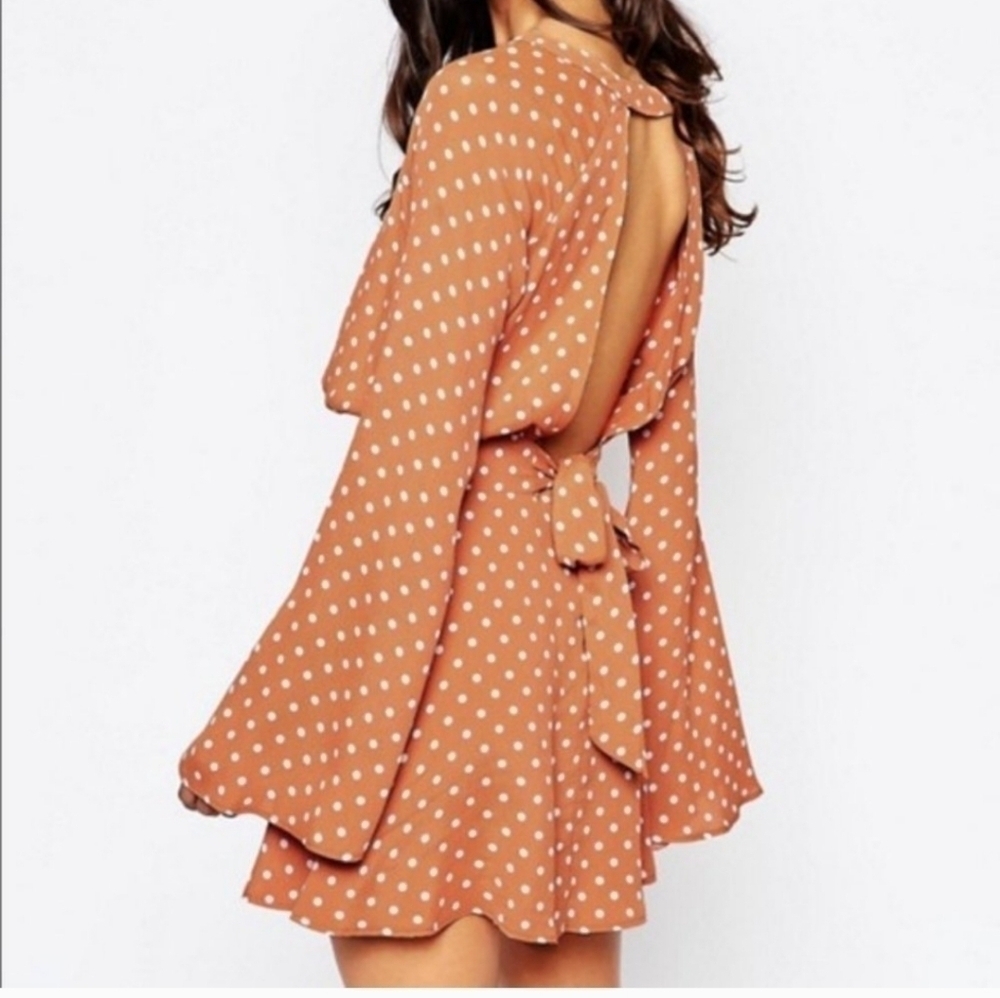 Flynn Skye Golden Polka Dot Open Back Bell Sleeve Tie Back Mini Dress XSMALL - Picture 2 of 12
